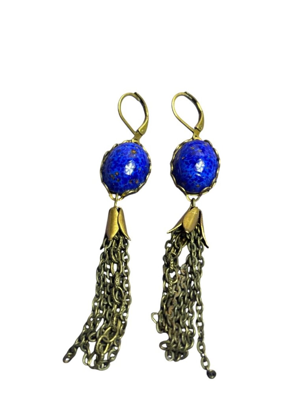 Vtg Brass Chain Tassel Dangle Earrings Leverback Blue Glass Cabochon Gold Flecks
